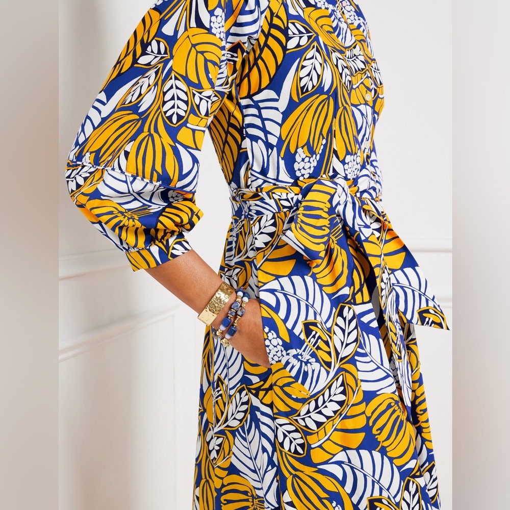 Talbots Shirt Dress Blue and Yellow Leaves, Poplin. NWT! Pockets and 100% Cotton